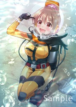 1girl :d air_bubble black_gloves blush bodysuit breasts brown_eyes brown_hair bubble commentary_request commission diving_helmet diving_suit eyelashes full_body gloves headset helmet hori_yuko idolmaster idolmaster_cinderella_girls open_mouth oxygen_tank sample_watermark skeb_commission smile solo suzunari_ichigo_(rokkencyaya) twitter_username underwater watermark wetsuit