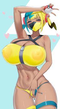 1girl absurdres alternate_breast_size_(larger) aqua_hair aqua_nails armpits blonde_hair blue_eyes blush breasts canari_(pokemon) commentary_request heart highres holding holding_poke_ball huge_breasts kaoru1307 mask mega_stone mouth_mask multicolored_hair navel nintendo poke_ball pokemon pokemon_legends:_z-a solo yellow_nails