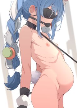 1girl absurdres animal_ears ball_gag bdsm blindfold blindfold_mask blue_hair blush bondage bondage_cuffs bound bound_arms braid collar flat_chest gag gloves highres hololive huge_belly leash loli mask nipples nude osanai_sanday pregnant rabbit_ears simple_background slave solo standing twin_braids usada_pekora virtual_youtuber