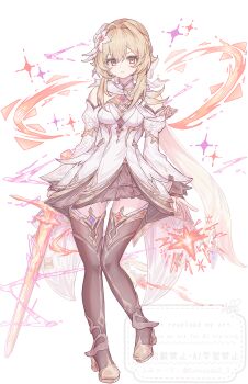 1girl absurdres blonde_hair boots brown_boots commentary_request detached_sleeves dress flower full_body fumicode2_3 genshin_impact hair_flower hair_ornament high_heel_boots high_heels highres holding holding_sword holding_weapon long_sleeves looking_at_viewer lumine_(as_heaven_and_earth_are_made_anew)_(genshin_impact) lumine_(genshin_impact) official_alternate_costume parted_lips short_hair_with_long_locks simple_background solo standing sword thigh_boots weapon white_background white_dress yellow_eyes