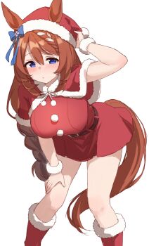 1girl absurdres alternate_costume animal_ears astroglia_cyte belt blue_bow blue_eyes blush boots bow braid breasts brown_hair capelet commentary_request dress ear_bow ears_through_headwear fur-trimmed_capelet fur-trimmed_dress fur-trimmed_headwear fur_trim hair_between_eyes hat highres horse_ears horse_girl horse_tail large_breasts long_hair looking_at_viewer multicolored_hair red_boots red_capelet red_dress red_hat santa_costume santa_dress santa_hat simple_background solo streaked_hair super_creek_(umamusume) tail umamusume very_long_hair white_background white_hair