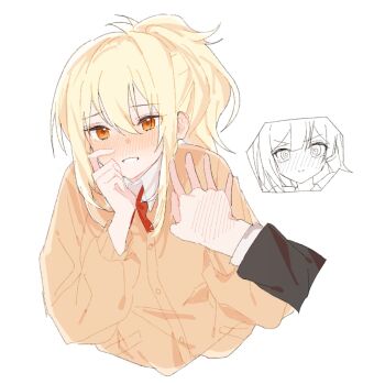 >:) 2girls @_@ black_jacket blonde_hair blush brown_cardigan cardigan collared_shirt disembodied_hand djdididkl flustered grin hair_between_eyes hand_blush highres holding_hands interlocked_fingers jacket long_sleeves love_live! love_live!_nijigasaki_high_school_idol_club medium_hair miyashita_ai multiple_girls neck_ribbon nijigasaki_school_uniform nose_blush orange_eyes partially_colored ponytail red_ribbon ribbon school_uniform shirt simple_background smile spoken_character v-shaped_eyebrows white_background white_shirt yuki_setsuna yuri