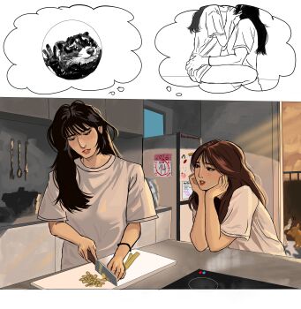 Rule 34 | 2girls, absurdres, black hair, brown hair, chopping, commentary, cutting board, english commentary, highres, hiraiboboca, holding, holding knife, k-pop, kiss, kitchen, kitchen knife, knife, long hair, momo (twice), multiple girls, nayeon (twice), raccoon, real life, refrigerator, shirt, speech bubble, thought bubble, twice (group), valentine, white shirt, yuri