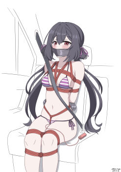 1girl arms_behind_back bdsm bikini black_hair blush bound bound_arms bound_legs bound_torso breasts car_interior collarbone counter:side egg_vibrator female_focus forced_orgasm gag gagged hair_ribbon highres horizontal-striped_bikini improvised_gag legs_tied_together lily_(counter:side) long_hair micro_bikini navel neko_huan remote_control_vibrator ribbon seatbelt sex_toy side-tie_bikini_bottom sidelocks sitting small_breasts solo striped_bikini striped_clothes swimsuit tape tape_gag taped_hands twintails variant_set vibrator vibrator_under_clothes