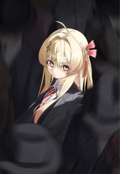 1girl ahoge bancho_(todoroki_hajime) black_jacket blonde_hair closed_mouth collared_shirt crowd fortissimo hair_intakes hair_ornament hair_ribbon highres hololive hololive_dev_is jacket long_hair looking_at_viewer multicolored_hair multiple_others musical_note musical_note_hair_ornament necktie otonose_kanade people pink_ribbon red_eyes red_necktie red_ribbon ribbon selopangji shirt solo_focus virtual_youtuber white_shirt