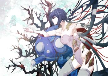 1girl blue_hair breasts cable cyborg ghost_in_the_shell grey_thighhighs kusanagi_motoko leotard mechabare medium_breasts outstretched_arm purple_leotard ruka_(blueplus84) short_hair strapless strapless_leotard tachikoma thighhighs twitter_username wire