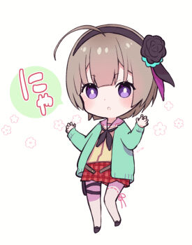 1girl ahoge chibi chibi_only commentary_request grey_hair hairband heaven_burns_red minase_sumomo oage_(o_ag_e4) purple_eyes school_uniform short_hair