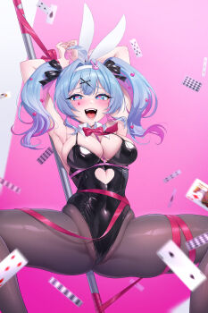 1girl animal_ears armpits arms_up black_leotard blush broken_handcuffs clothing_cutout covered_navel cutout_above_navel fake_animal_ears hair_ornament hatsune_miku heart heart-shaped_pupils heart_cutout highres king_(playing_card) leotard long_hair looking_at_viewer mushi_aoi object_in_bra open_mouth pantyhose pink_pupils playboy_bunny playing_card pole rabbit_hole_(vocaloid) solo spread_legs spring_rider stomach_cutout stripper_pole symbol-shaped_pupils teardrop_facial_mark thighs twintails vocaloid x_hair_ornament