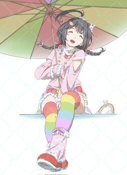 Rule 34 | 1girl, absurdres, ahoge, black hair, braid, copyright request, full body, hair ornament, hair scrunchie, happy, highres, holding, holding umbrella, leg warmers, long hair, open mouth, pink leg warmers, rabbit hair ornament, rainbow, scrunchie, shoes, smile, solo, sweater, tanaka29556626, twin braids, umbrella