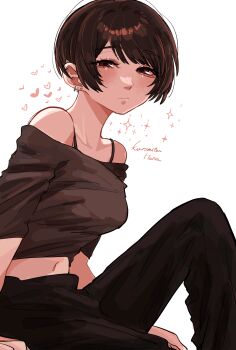 1girl absurdres aegyo_sal black_pants black_shirt brown_eyes brown_hair character_name closed_mouth ear_piercing highres knee_up koucha_(pankeki_koucha) kuromitsu_hana_(koucha) light_frown looking_at_viewer midriff navel off-shoulder_shirt off_shoulder original pants piercing shirt short_hair simple_background sitting solo strap tomboy white_background