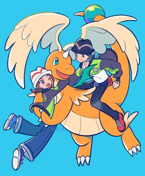 1boy 1girl :d absurdres belt black_hair black_hat blue_background blue_belt blue_pants blue_shoes brown_hair chueog closed_mouth dragonite eyelashes gen_1_pokemon grey_eyes harmony_(pokemon) hashtag-only_commentary hat highres hug jacket mega_dragonite nintendo open_mouth pants paxton_(pokemon) pokemon pokemon_(creature) pokemon_legends:_z-a red_shoes ribbed_socks shirt shoes simple_background smile socks teeth tongue upper_teeth_only white_hat white_shirt