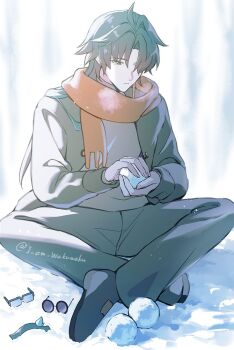 1boy black_shoes blade_(honkai:_star_rail) closed_mouth grey_jacket grey_pants grey_shirt hair_over_one_eye hashtag-only_commentary honkai:_star_rail honkai_(series) jacket long_hair long_sleeves male_focus one_eye_covered pants parted_bangs red_scarf round_eyewear scarf shike_(i_am_morafeti) shirt shoes sitting snow snowball solo twitter_username unworn_eyewear winter