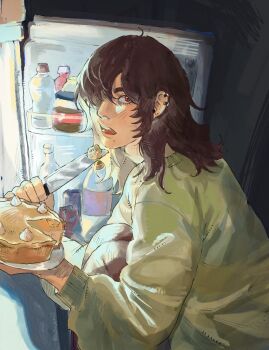 1other alternate_skin_color blush brown_hair deltarune ear_piercing food highres holding holding_knife humanized_skin_color knife kris_(deltarune) pie piercing red_eyes refrigerator snakebite_(piercing) susujenii sweater utdr_(toby_fox)