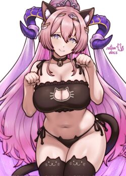 1girl alternate_costume artist_name bell black_thighhighs breasts cat_lingerie cat_tail cleavage cleavage_cutout clothing_cutout fire_emblem fire_emblem_heroes goat_horns gradient_eyes highres horns long_hair looking_at_viewer multicolored_eyes navel neck_bell nerthuz_(fire_emblem) nintendo panties paw_pose pink_hair ponytail rotomdocs side-tie_panties simple_background smile solo tail thighhighs underwear very_long_hair white_background