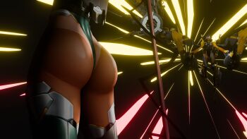 2girls 3d absurdres action_taimanin aiming alternate_costume ass ass_focus blush breasts brown_hair character_request curvy dark-skinned_female dark_skin detached_collar floating_hair gun hands_on_own_hips high_heels highleg highleg_leotard highres holding holding_gun holding_weapon huge_ass jacket large_breasts leotard long_hair looking_at_another mechanical_wings mizuki_yukikaze mizuki_yukikaze_(lightning_onyx) multiple_girls official_alternate_costume one-piece_tan revealing_clothes see-through_clothes see-through_leotard shiny_clothes shiny_skin small_breasts standing taimanin_(series) taimanin_yukikaze tan tanline thighs thong_leotard transparent_leotard twintails two_side_up very_long_hair weapon wings