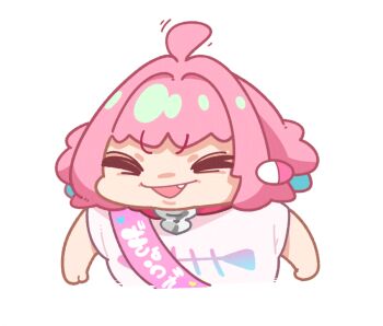 Rule 34 | 1girl, ahoge, closed eyes, fang, fish skeleton print, idolmaster, idolmaster cinderella girls, open mouth, pink hair, sash, shirt, shoulder sash, simple background, smile, solo, takato kurosuke, translation request, upper body, v-shaped eyebrows, white background, white shirt, yumemi riamu