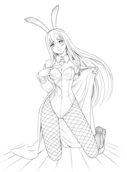 1girl animal_ears blush breasts cleavage commentary_request eibon embarrassed fishnets greyscale highleg highleg_leotard holding holding_unworn_clothes kneeling lab_coat leotard long_hair makise_kurisu monochrome necktie open_mouth playboy_bunny rabbit_ears science_adventure small_breasts solo steins;gate strapless strapless_leotard wooden_floor