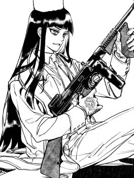 Rule 34 | 1girl, alucard (hellsing), blunt bangs, coat, commentary, girlycard, gun, gyogyo hjj, hashtag-only commentary, hat, hellsing, hellsing: the dawn, highres, holding, holding gun, holding weapon, logo, necktie, sidelocks, sitting, solo, submachine gun, thompson submachine gun, weapon