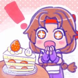 1girl animated birthday birthday_cake braid braided_ponytail breasts brown_eyes brown_hair cake chibi closed_eyes eating fingerless_gloves food gloves happy happy_birthday headband japanese_clothes japanese_text legs long_hair open_mouth own_hands_clasped ryuuko_no_ken small_breasts smile snk solo spandex sparkling_eyes strawberry_shortcake surprised tagme the_king_of_fighters thighs video yuri_sakazaki
