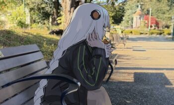 1girl ahoge bench black_jacket blurry blurry_background braid brown_skirt commentary_request day depth_of_field facing_away feet_out_of_frame food hair_ornament hands_up highres holding holding_food jacket kizuna_akari long_hair long_sleeves on_bench outdoors park_bench photo_background puffy_long_sleeves puffy_sleeves sitting skirt solo tree uranosebi very_long_hair voiceroid white_hair