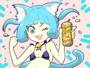 1girl animal_ears aqua_eyes aqua_hair aqua_nails aseprite_(medium) bell bikini black_bikini can canned_coffee cat_ears cat_girl cat_tail commentary_request cursive drink_can english_text eudetenis hands_up holding holding_can looking_at_viewer navel neck_bell one_eye_closed open_mouth original pink_background pixel_art short_hair smile solo stomach straight-on string_bikini swimsuit tail two_side_up upper_body