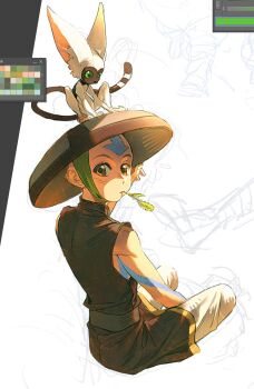 1boy 1other aang alternate_costume animal arrow_(symbol) arrow_tattoo avatar:_the_last_airbender avatar_legends bald brown_eyes brown_tunic color_guide forehead_tattoo green_eyes gymnopedies2 hat head_tattoo highres lemur looking_at_viewer looking_back momo_(avatar) mouth_hold rice_hat sitting sketch sleeveless stalk_in_mouth tattoo tunic