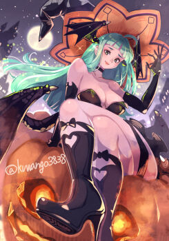 1girl black_boots black_gloves black_hat boots breasts cleavage collarbone crossed_legs darkstalkers demon_girl demon_wings elbow_gloves full_moon gloves green_eyes green_hair halloween hat head_wings high_heel_boots high_heels kuwango large_breasts long_hair moon morrigan_aensland multiple_wings pumpkin sitting solo wings witch_hat