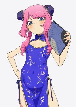 1girl aikatsu!_(series) aikatsu_stars! blue_dress blue_eyes blush bun_cover china_dress chinese_clothes double_bun dress drill_hair flat_chest hair_bun hand_fan highres looking_at_viewer osame panties panty_straps pink_hair sakuraba_rola side-tie_panties solo twintails underwear