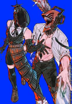 1boy 1girl apron bare_shoulders black_gloves black_necktie black_pants black_ribbon black_shorts black_thighhighs blue_background bomb_devil_(chainsaw_man) breasts brown_shoes chainsaw chainsaw_devil chainsaw_man collared_shirt denji_(chainsaw_man) elbow_gloves feet_out_of_frame full_body gloves highres ikaooi1 loose_necktie medium_breasts neck_ribbon necktie open_clothes open_mouth open_shirt pants reze_(chainsaw_man) ribbon sharp_teeth shirt shoes shorts sleeveless sleeveless_shirt sleeves_rolled_up teeth thighhighs white_shirt white_shoes