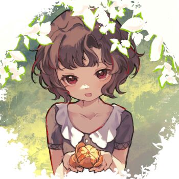 1girl :d aged_down border brown_hair dagong_baiquan fading_border food from_above fruit green_background grey_shirt hands_up highres holding holding_food holding_fruit leaf looking_at_viewer open_mouth orange_(fruit) orange_peel orange_slice red_eyes reverse:1999 schneider_(reverse:1999) shirt short_hair short_sleeves smile solo upper_body white_border