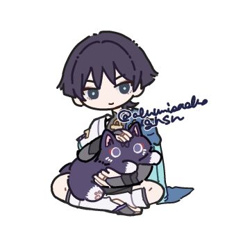 1boy alumisael_gnsn animal animalization aqua_sleeves armor black_bodysuit black_eyes black_hair black_shorts blue_cape blunt_ends bodysuit bridal_gauntlets bridal_legwear bright_pupils cape cat closed_mouth eyeliner eyeshadow furisode genshin_impact gold_ring grey_bridal_gauntlets holding holding_animal holding_cat indian_style japanese_armor japanese_clothes kimono kote kurokote layered_sleeves leg_warmers looking_at_viewer makeup male_focus mandarin_collar middle_ring person_and_animalization petting purple_cat purple_rope red_eyeliner red_eyeshadow rope scaramouche_(cat)_(genshin_impact) scaramouche_(genshin_impact) short_sleeves shorts shoulder_peek sitting smile solo stirrup_legwear toeless_legwear toes twitter_username wanderer_(genshin_impact) white_background white_leg_warmers white_pupils white_sleeves wispy_bangs