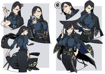 Rule 34 | 1girl, black hair, black jacket, black necktie, black pants, blue eyes, blue nails, blue shirt, cake, cake slice, collared shirt, earrings, eating, food, fork, gun, highres, holding, holding fork, holding gun, holding jacket, holding unworn clothes, holding weapon, jacket, jewelry, long hair, multiple views, nail polish, necktie, original, pants, shirt, solo, taisowbukurow, unworn jacket, weapon