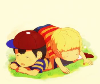 2boys artist_request black_hair blonde_hair child lucas_(mother_3) lying male_focus mother_(series) mother_2 mother_3 multiple_boys ness_(mother_2) nintendo shirt sleeping source_request striped_clothes striped_shirt super_smash_bros.