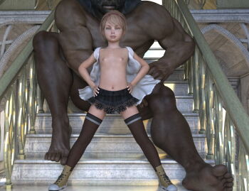 1boy 1girl 3d age_difference artist_request black_thighhighs blonde_hair blue_eyes breasts clothed_female_nude_male dark-skinned_male dark_skin hairband hands_on_own_hips hetero highres indoors interracial lingerie loli mayomaru navel nipples nude open_clothes open_shirt shirt shoes short_hair size_difference skirt small_breasts sneakers spread_legs stairs thighhighs uncensored underwear