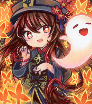 1girl bead_bracelet beads black_coat black_hat boo_tao_(genshin_impact) bracelet brown_hair coat commentary_request flower genshin_impact hand_up hat hat_flower hu_tao_(genshin_impact) jewelry looking_at_viewer marker_(medium) multiple_rings nail_polish open_mouth ring rui_(sugar3) smile solo traditional_media upper_body