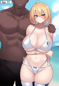1boy 1girl beach bikini blonde_hair breasts dark-skinned_male dark_skin huge_breasts ocean swimsuit