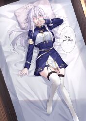 Rule 34 | 1girl, 86 -eightysix-, absurdres, ahoge, armband, bed, bed sheet, belt, blue eyes, blue gloves, blush, breasts, commission, cropped jacket, english text, fingerless gloves, gloves, grey hair, head on pillow, highres, long hair, medium breasts, military uniform, o-ring, o-ring belt, on bed, pillow, pilot suit, pixiv commission, shirt, skirt, solo, speech bubble, suprii, thighhighs, thighs, uniform, vladilena millize, white hair, white thighhighs, zettai ryouiki