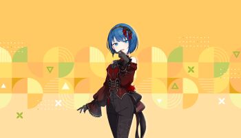 1girl animal_print back_ribbon bat_earrings bat_print black_hairband black_leotard black_nails black_pants black_ribbon blue_eyes blue_hair breasts brooch brown_gloves clothing_cutout colorful_palette corset cowboy_shot cross-laced_clothes cross-laced_corset earrings fangs feet_out_of_frame flower frilled_sleeves frills game_cg gem gloves hairband hand_on_own_face hand_up highres jewelry kiritani_haruka kono_hito_hari_ni_omoi_wo_komeru_(project_sekai) leotard light_blush looking_at_viewer medium_breasts off-shoulder_shirt off_shoulder official_alternate_costume official_alternate_hair_ornament official_art open_mouth pants project_sekai red_corset red_flower red_gem red_ribbon red_rose red_shirt ribbon rose see-through_clothes see-through_gloves shirt shoulder_cutout solo standing third-party_source triangle two-tone_ribbon upper_body yellow_background