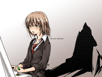 19_(nin19) 1girl arcade_cabinet blush brown_background brown_hair brown_jacket brown_sleeves collared_shirt controller english_text gradient_background jacket joystick loose_hair_strand medium_hair necktie open_mouth orange_necktie original partially_shaded_face red_necktie shadow shirt signature sitting sleeves_rolled_up solo staring straight_hair striped_necktie three-quarter_sleeves two-tone_background undershirt white_background white_shirt wing_collar yellow_eyes