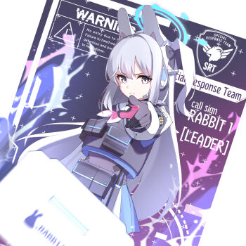 1girl animal_ear_headphones animal_ears black_bow black_gloves blue_archive blue_halo blue_skirt bow braid bulletproof_vest chain-link_fence closed_mouth cowboy_shot determined dutch_angle fake_animal_ears fence gloves hair_bow half_up_braid halo headphones headset highres industrial_pipe knife_sheath kurosaki_saya long_hair long_sleeves looking_at_viewer miyako_(blue_archive) multicolored_gloves neckerchief one_side_up pink_gloves pink_neckerchief pointing pointing_at_viewer pouch purple_eyes rabbit_ear_headphones rabbit_ears school_uniform sheath sidelocks skirt solo tactical_school_uniform two-tone_gloves very_long_hair white_hair