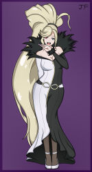 Rule 34 | 1girl, absurdly long hair, absurdres, bare shoulders, belt, blonde hair, border, breasts, cleavage, dress, full body, fur trim, heterochromia, high ponytail, highres, hilda (under night in-birth), jay flare, large breasts, lipstick, long dress, long hair, long sleeves, looking at viewer, makeup, multicolored clothes, multicolored dress, nail polish, off-shoulder dress, off shoulder, ponytail, purple background, purple border, red eyes, smile, solo, swept bangs, two-tone dress, under night in-birth, very long hair
