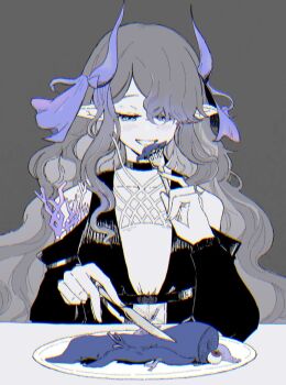 1girl arknights bare_shoulders chromatic_aberration commentary_request eating eyeball fork gradient_hair grey_background hair_over_one_eye half-closed_eyes heavy_chromatic_aberration highmore_(arknights) highres holding holding_fork holding_knife horns knife long_hair looking_down multicolored_hair partially_colored plate pointy_ears salt_taikou solo table tentacles upper_body