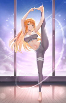1girl absurdres akiyomi armpits arms_up bare_arms barefoot breasts cleavage commentary_request full_body gakuen_idolmaster green_eyes grey_leggings grey_sports_bra highres holding_own_foot idolmaster large_breasts leg_up leggings linea_alba long_hair mole mole_under_eye navel orange_hair paid_reward_available shiun_sumika solo split sports_bra standing standing_on_one_leg standing_split stomach straight_hair tiptoes very_long_hair wooden_floor