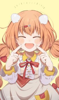 1girl apron blush_stickers braid brown_apron center_frills closed_eyes collared_dress dress egg_hair_ornament fingers_to_cheeks food-themed_hair_ornament fork_hair_ornament frilled_dress frills hair_ornament hairclip happy_aura highres kirara_tamako kirara_tamako_(1st_costume) layered_sleeves long_hair long_sleeves low_twin_braids neck_ribbon nijisanji object_in_pocket open_mouth orange_eyes orange_hair pocket red_ribbon ribbon s_picoo simple_background smile solo standing twin_braids twitter_username upper_body virtual_youtuber white_dress yellow_background