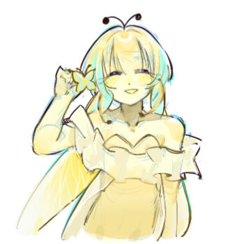 Rule 34 | 1girl, antenna hair, blonde hair, butterfly wings, colored skin, cookie run, cookie run: kingdom, humanization, insect wings, layered clothes, long eyelashes, long hair, looking at viewer, shinsoo kinoko, solo, sugarfly cookie, very long hair, wings, yellow skin