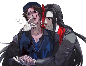 2boys baseball_cap black_hair black_shirt bleeding blood blue_hat blue_necktie blue_vest collared_shirt hat heathcliff_(project_moon) highres jewelry limbus_company long_hair meursault_(project_moon) multiple_boys multiple_rings necktie project_moon red_eyes ring shirt simple_background sparkle upper_body vampire very_long_hair vest w_corp._(identity)_(project_moon) wedding_ring white_background yaoi youngyeah57