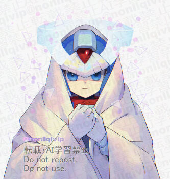 1boy blue_eyes blue_helmet commentary_request cyber_elf_x_(mega_man) forehead_jewel halo helmet highres male_focus mega_man_(series) mega_man_zero_(series) smile solo twitter_username under_covers upper_body watermark white_background x_(mega_man) yamanashi_taiki