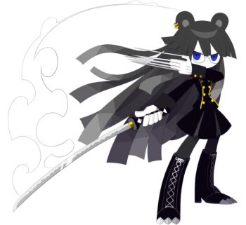 1girl animal_ears bear_ears black_boots black_hair black_skirt blue_eyes boots buttons claw_(weapon) colored_skin double-breasted double-parted_bangs earrings epaulettes funamusea funamusea_(artist) glasses hair_between_eyes holding holding_sword holding_weapon jewelry long_hair long_sleeves mikaduki_(funamusea) official_art pantyhose single_epaulette skirt solo sword weapon white_background white_skin