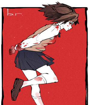 1girl arms_behind_back blood blood_on_clothes blood_on_face blood_on_hands blood_on_leg blood_on_shoes blue_skirt breasts brown_hair from_side highres initial long_sleeves looking_at_viewer medium_breasts non-web_source red_eyes ribbon rockmor school_uniform shirt short_hair skirt smile solo tsukihime tsukihime_(remake) twintails two_side_up vest white_shirt yellow_vest yumizuka_satsuki