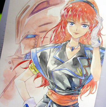 1girl agahari belt black_hairband black_jacket blue_eyes closed_mouth commentary_request gaw_ha_leecee gloves hairband hand_on_own_head hand_on_own_hip hand_up highres jacket jewelry juusenki_l-gaim light_smile long_hair looking_at_viewer mecha necklace nouvelle_d.sserd painting_(medium) photo_(medium) red_belt red_hair robot short_sleeves traditional_media upper_body white_gloves